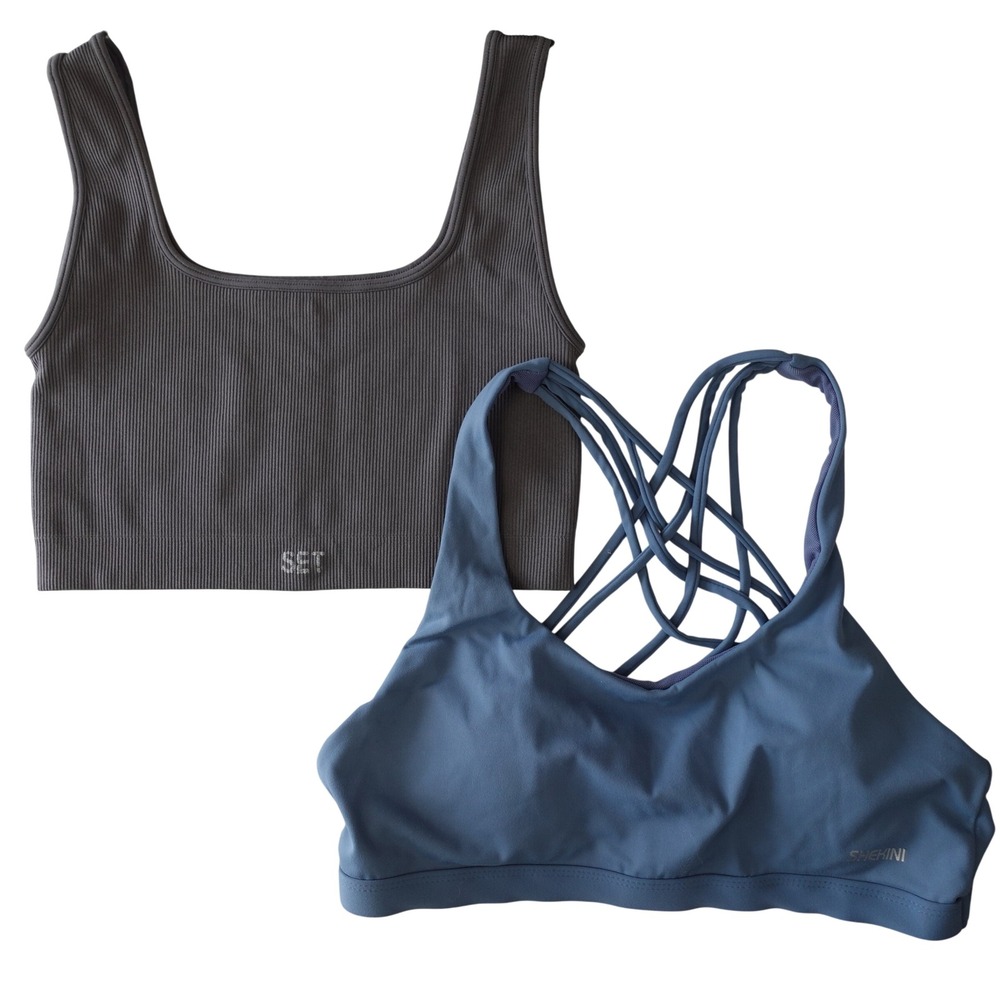 Set Active Ribbed Sports Bra Crop Top Shekini Strappy Bundle M Gray Blue Set 2